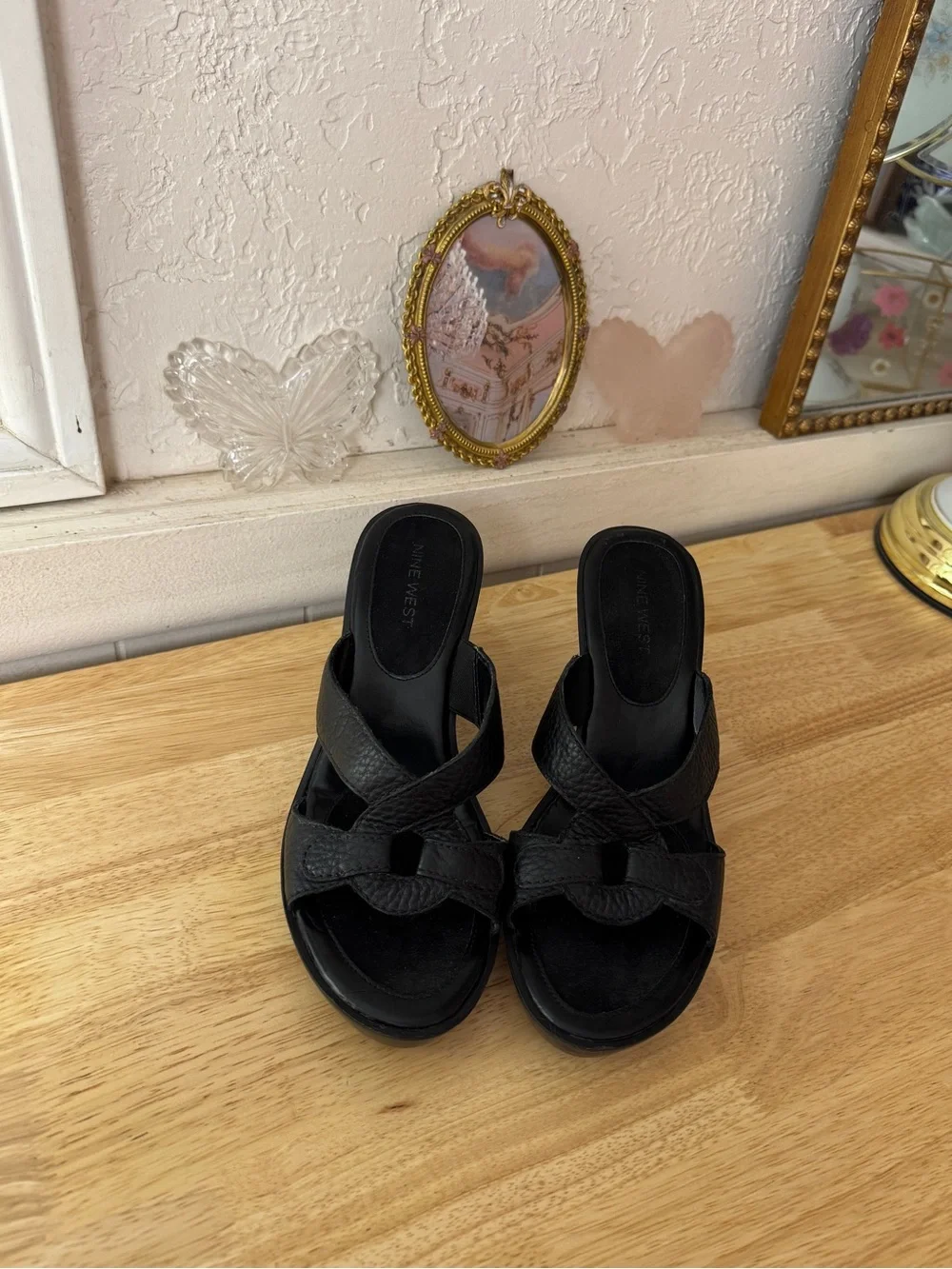 Nine West Black Leather Platform Wedge Slide Sandals Size 7.5 Y2K Minimalist